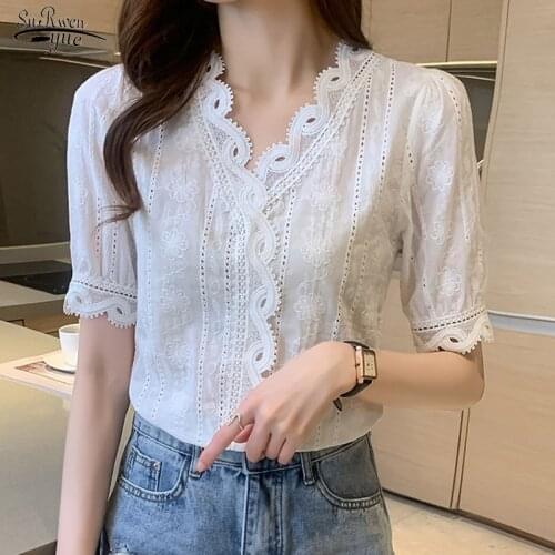 Embroidery Lace Summer Femme Shirt Girls Blouse Women Short Sleeve Cotton Plus Size Women Blouses Casual White Tops Blusas 15271