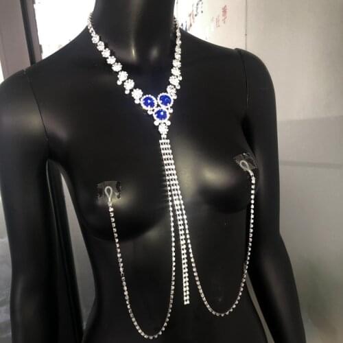 VCU Non-penetrating Blue Diamond Rhinestone Nipple Chain Set Body Chain Nightclub Accessories For Women Jewelry