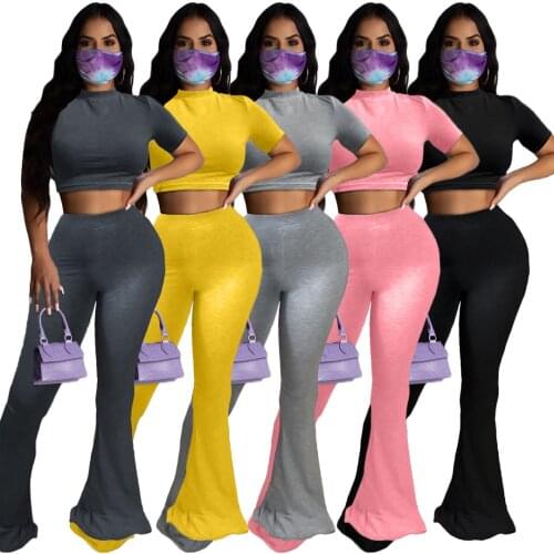 Short Sleeve Women Set Plus Size 2 Pieces Set Pullover T-shirt Crop Top + Skinny Long Flare Pants Soild Color Casual Women Suits