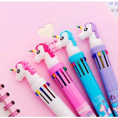 12 Pcs Creative Small Fresh Unicorn 10 Color Ballpoint Pen Student Handbook with Multi-function Color Oil Pen Stationery