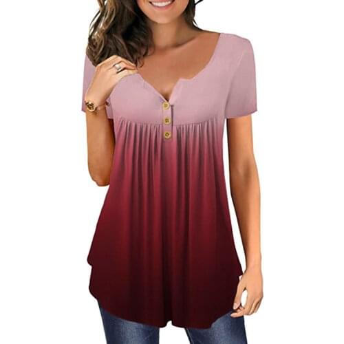 40# Button Tie-dye Print T-shirts Women Elegant Plus Size T-shirt Gradient V-neck Short Sleeve Pullover Casual T-shirts Футболка