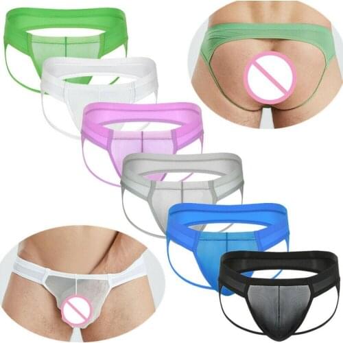 6PCS/Lot Sexy Mens Briefs Ice Silk Mens G-strings T-back Thongs Seamless Underwear Transparent Open Butt Slip Homme Panties Male