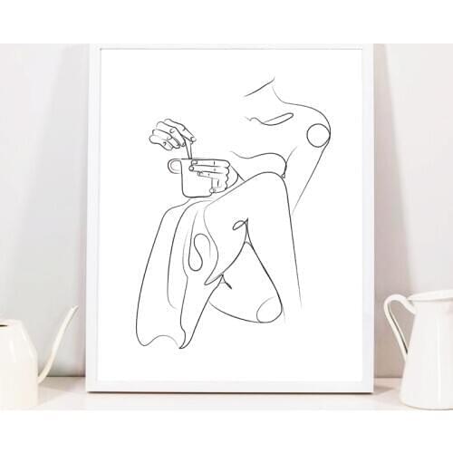 Abstract Coffee Woman Line Drawing Art Prints Black White Nordic Minimalist Poster Coffee Wall Art Canvas Painting Kitchen Decor