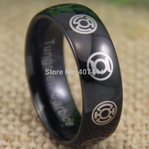Free Shipping USA UK Canada Russia Brazil Hot Sales 8MM Shiny Black Dome Green Lantern Darkest Night Mens Tungsten Wedding Ring