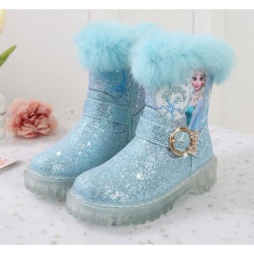 Disney Brand Frozen Girls Snow Boots With Fur Shiny Sequins Children Plush Boots Martin Boots Winter Cotton Shoes Elsa Shoes