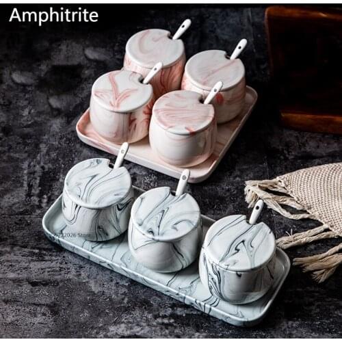 Home Ceramic Spice Box Double Seasoning Creative Candy Jar Grey Marble Salt Spice Bottle Kitchen Supplies