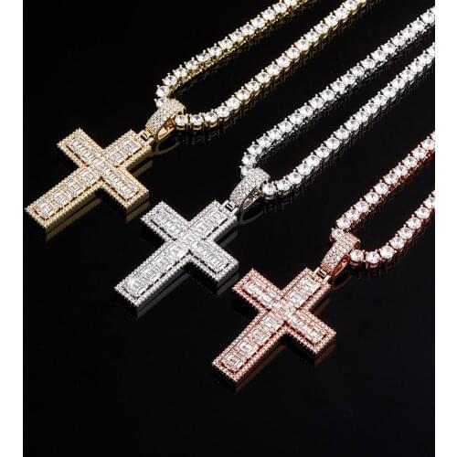 GUCY High Quality Baguette Cross Pendant Necklace With 4mm Tennis Chain AAA Cubic Zircon Mens Women Hip Hop Rock Jewelry