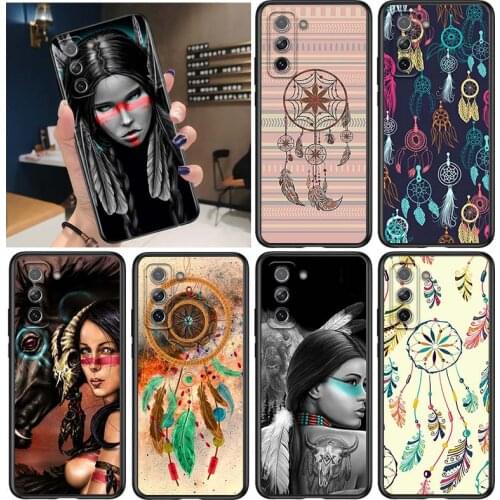 Indian Feathers Girl for Samsung Galaxy S21 Ultra Plus Note 20 10 9 8 S10 S9 S8 S7 S6 Edge Plus Black Phone Case
