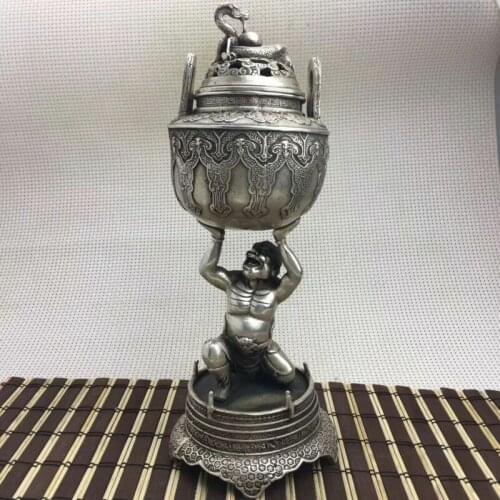 Collectible Old Handwork Silver Plate Copper Hercules Held Dragon Incense Burner