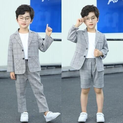Spring Summer Boys Formal Plaid Suit Set Children Stage Graduation Piano Show Costume Kids Blazer Pants T-shirt Clothing Sets