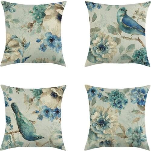 Beautiful Bird Pillow Cover Flora and blue Cushion Cover Printed Throw Pillowcase for Home Sofa Decorative Pillow