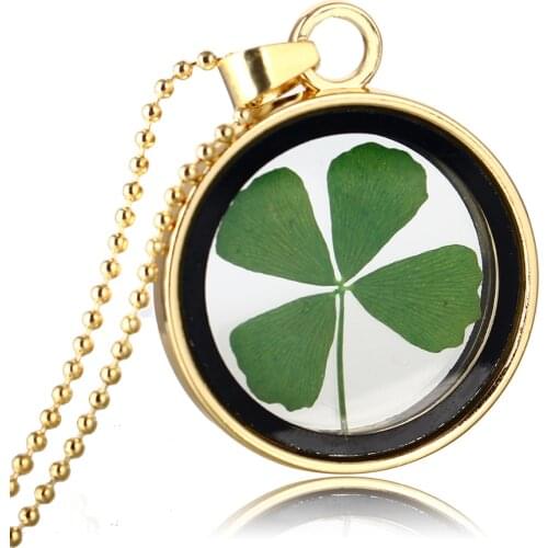 Beautiful Dried Dandelion Glass Dried Flower Jewlery Round Choker Lucky Four Leaf Clover Pendant Necklace For Women Gift