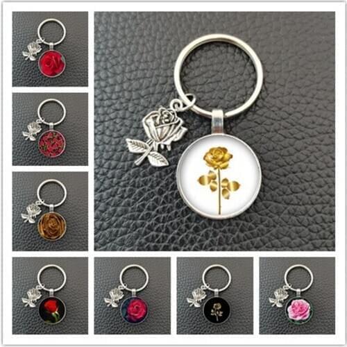 Red gold rose flower glass cabochon flower image glass dome keychain DIY Valentines Day gift