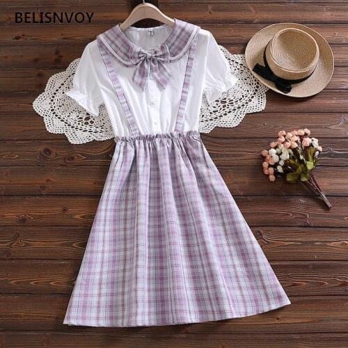 Preppy Style Summer Women Mini Dress Sailor Collar With Bowknot Blue Purple Plaid Elastic-Waisted Dress Elegant Sweet Chic Dress