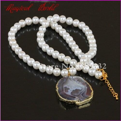 Fashion Freshwater Pearl Necklace Edge Drusy Quartz Stone in Natural color,Gems Druzy Pendant Necklace