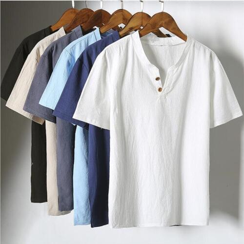 2020 Mens V collar, short sleeve T-shirt casual plus size cotton linen clothes,big size Mens Shirts, M-6XL 7XL