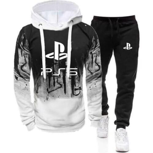 Mens 2021Spring Autumn PlayStation Print 2 Pieces Sets Tracksuit Hooded Sweatshirt+pants Pullover Hoodie Sportwear Suit Clothes