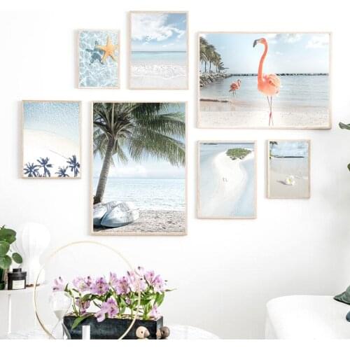 Tropical Sea Beach Wave Flamingo Palm Wall Art Canvas Painting Nordic Posters And Prints Wall Pictures For Living Room Decor