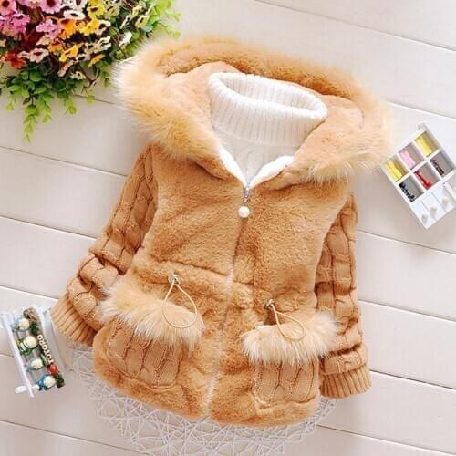 New 2020 Baby Girls Winter Thicken Warm Coat Fashion Faux Fur Hooded Zipper Knit Long Sleeve Jackets Kids Children Outerwear