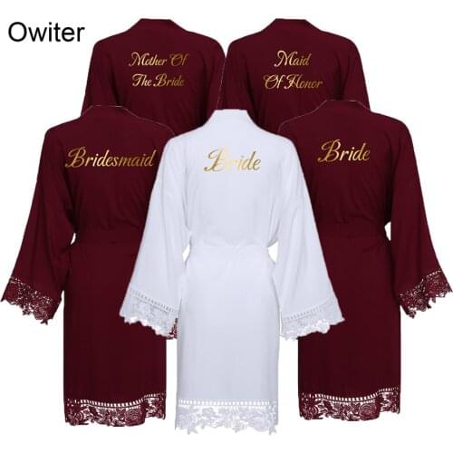 Owiter Burgundy Cotton Lace robe Women Wedding robes Bridal Robe Short Bridesmaid robes bride robe