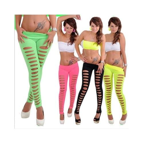 Sexy Leggings Ripped Leggins Women Low Waist Pants Hollow Out Leggings Stretch Dancing Club Street Pants