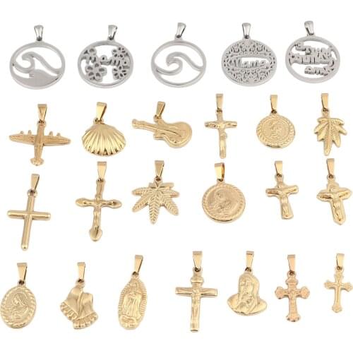 Stainless Steel Pendants Round Gold/Silver Color Cross Shell Flower Hollow Charms DIY Making Necklace Women Party Jewelry,1PC