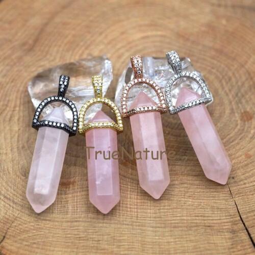 Rose Quartzs Jewelry Findings, Pencil Point Pendant, Double Terminated Pendant With Beads Paved Metal Cap In 45*10 mm PM7411