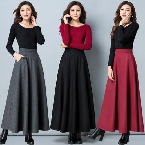 Women Autumn Winter High Waist Woolen Skirts Female Fashion Wool Elastic A-Line Maxi Skirt Ladies Casual Long Pleated Skirts P19