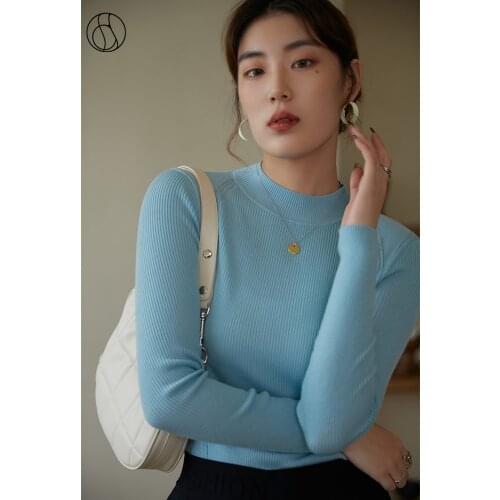DUSHU Women Slim Sweaters Machine Washable Wool Sweater Solid Round Neck Skin-friendly Bottoming Shirt Women 100% Wool Pullovers