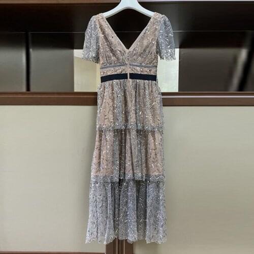 Fashion Summer Luxury Runway New Sexy Women V-Neck Backless Sequined Embroidery Party Holiday Elegant Dress