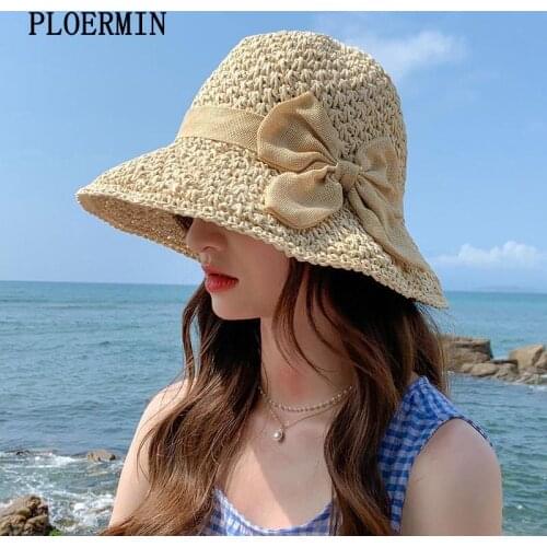 Elegant Bow Straw Hat Womens Summer Outdoor Sun Visor Holiday Cool Hat Seaside Folding Beach Hat Anti-UV Summer Bucket Hat