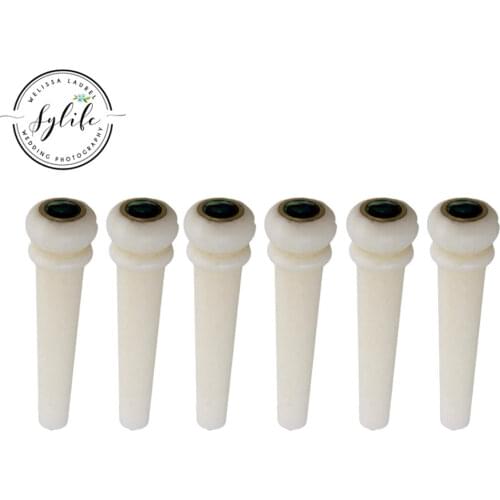 6 Acoustic Guitar Bone Bridge Pins W/ Abalone Dot & Brass Circle skirt