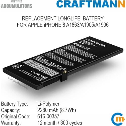 Craftmann Battery 2280mAh for APPLE iPHONE 8 A1863/A1905/A1906 (616-00361)
