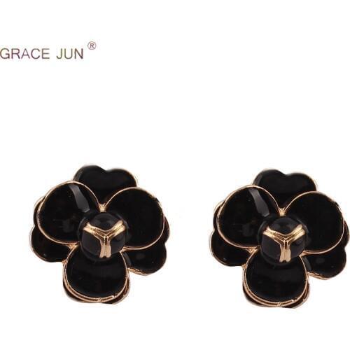 GRACE JUN Vintage Gold Black Color Flower Shape Clip on Earrings No Pierced Earrings Popular Party Student Earrings New Arrival