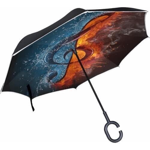 C-hook Reverse Umbrella Musical Note Printed Reverse Umbrellas Double Layer Inverted Paraguas Self Stand Umbrella for Women/ Men