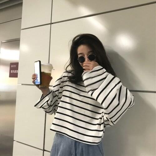 Black White Striped T-shirt Womens Loose Long Aleeve Plus Size Korean Style T Shirt