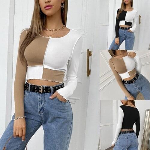 Womens Colorblock Rib Knit Slim Fit Long Sleeve Crop T-Shirt Tops