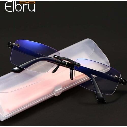Elbru Anti Blue Light Frameless Reading Glasses Women Men Ultralight Clear Presbyopia Eyeglasses With Box Cloth Diopters 1.0 4.0