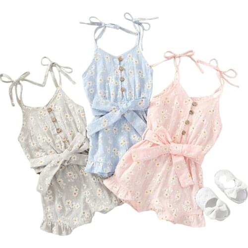 FOCUSNORM 1-6Y Toddler Kids Baby Girl Jumpsuits 3 Colors Sunflowers Printed Sleeveless Single Breasted Playsuits With Bow Belt