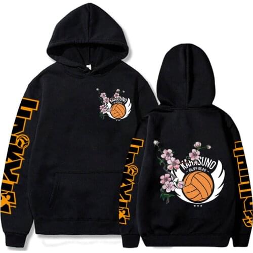 Haikyuu Anime Harajuku Hoodies Aesthetic Karasund Volleyball Club Logo With Cherry Blossoms Cartoon Men Long Sleeve Sweatshirt