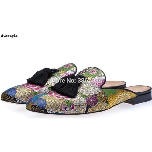 SHOOEGLE Silk Embroidered Floral Loafers Men Mixed Color Shoes Slip On Tassel Casual Flats Prom Wedding Shoes Man