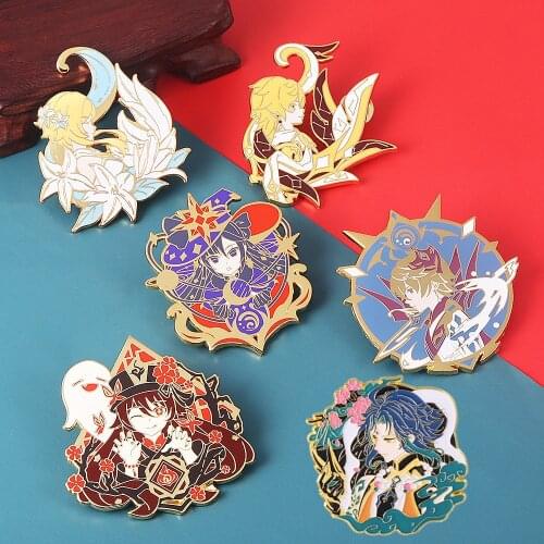 Game Genshin Impact Traveler Lumine Tartaglia Mona Hutao Xiao Cosplay Costume Metal Badge Pin Alloy Brooch Accessories Props
