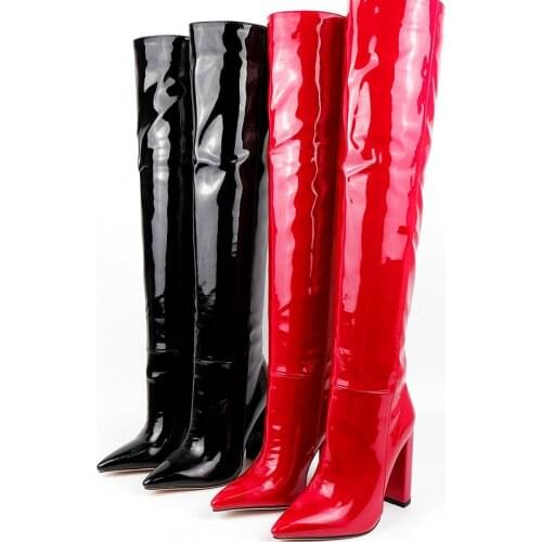 Fashion Autumn Winter Ladies Patent Leather Thigh Boots Slip On Loose Thick Heel Boots Female New Pointed Toe Womens Shoes