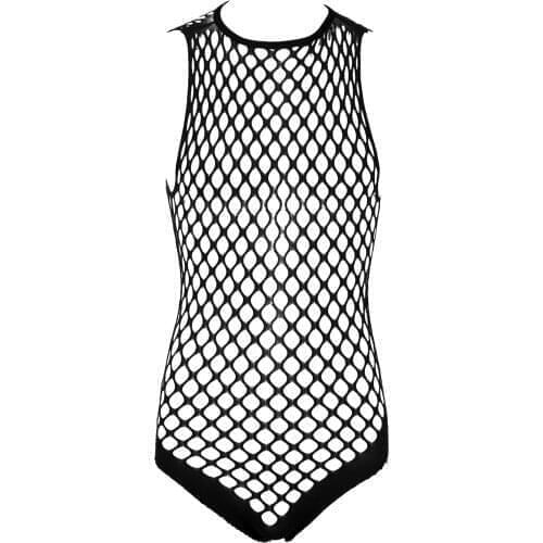 Men Sexy Hollow Out Netted Bodystockings Lingerie Halter Neck Sleeveless See-through Fishnet Stretchy Bodysuits Nightwear