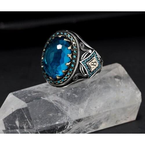 Personalized Blue Zircon Stone Tile Motif Is Silver Men 'S Ring