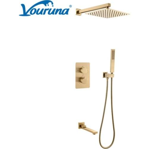 VOURUNA Thermostatic Brushed Golden Shower Set 10 Inch Bathroom Rainfall Shower Head With Handheld Shower