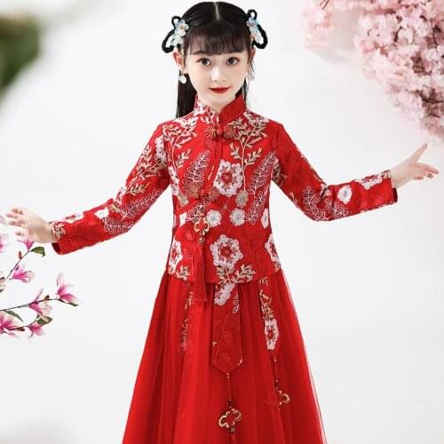 Autumn And Winter Girls' Hanfu Long Sleeves Embroidered Dress Red New Years Dress Party Dress Wedding Flower Childrens Wear