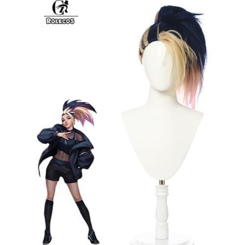 ROLECOS LOL KDA The Baddest Akali Mixed Color Ponytail Cosplay Hair Heat Resistant Synthetic Hair Halloween Party For Costume