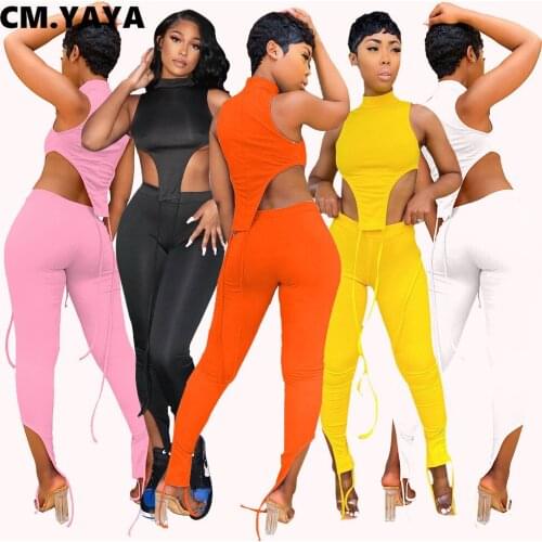 CM.YAYA Street Women Set Outfits Acitve Drawstring Crop Tops and Legging Pants Matching Two 2 Piece Set Sexy Tracksuit Sweatsuit