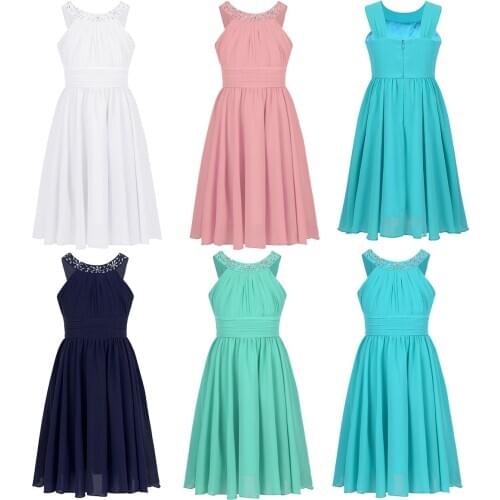 Girls Teenager Wedding Princess Communion Tulle Dress Elegant Party Pageant Formal Flower Shaped Rhinestone Chiffon Dress